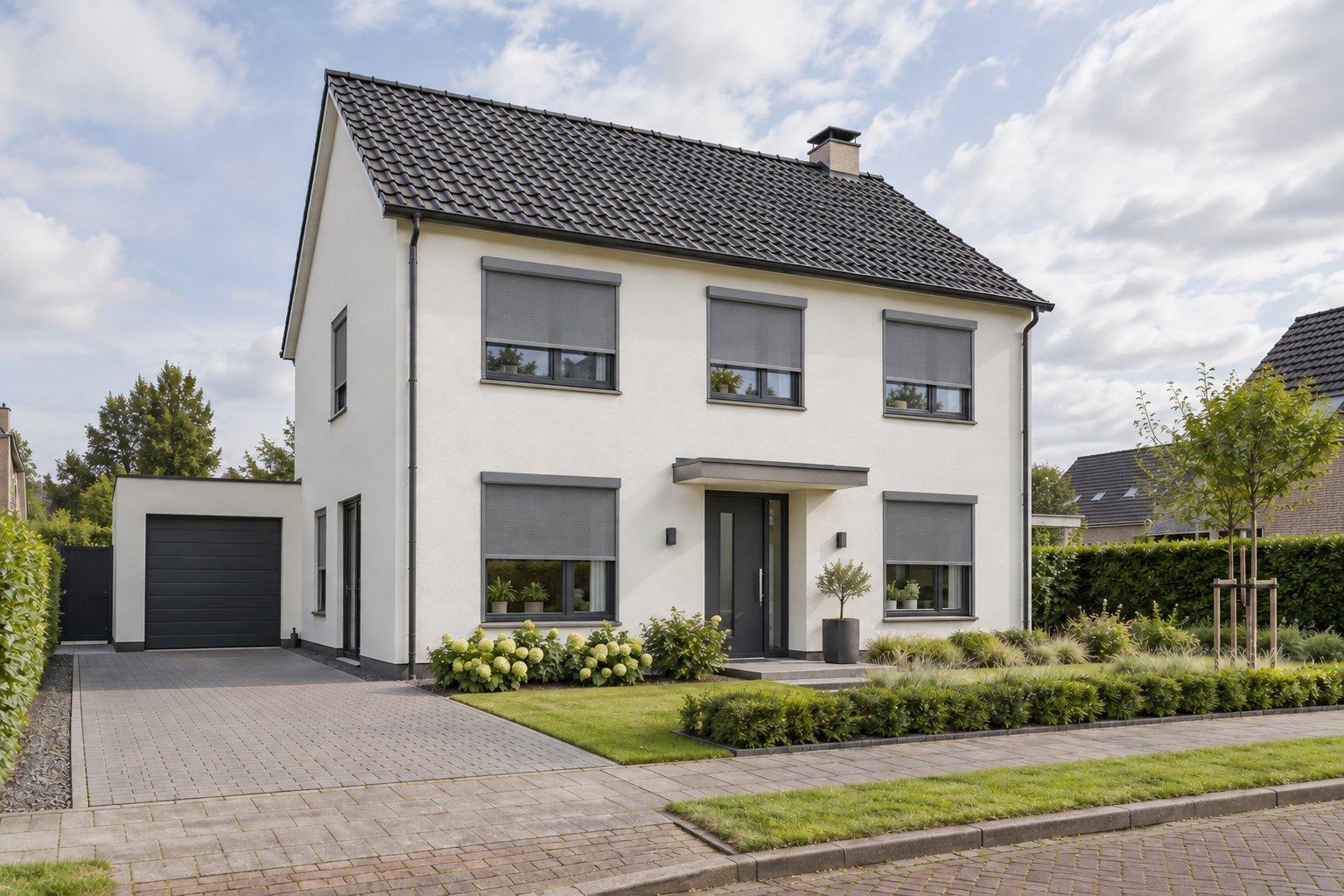A real exterior screen system, grey, on a real house.